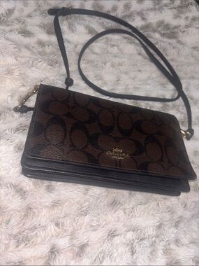 Coach Anna Foldover Crossbody Clutch in Signature Canvas in Brown/Black